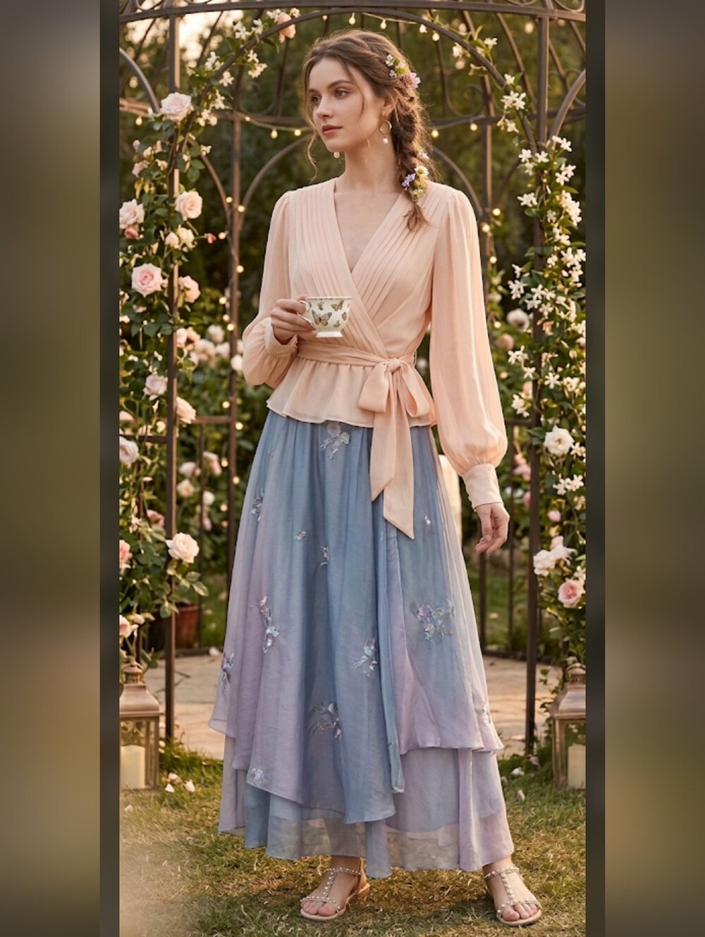 Express Whimsical Fairy Wrap Top Blouse Long Sleeve Ethereal Feminine Roman #45
